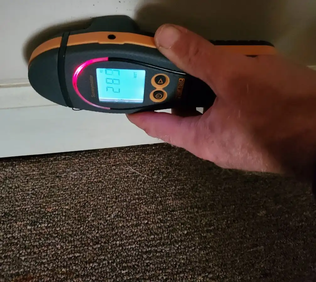 Moisture detection at baseboard during Storm Damage Restoration in Alton